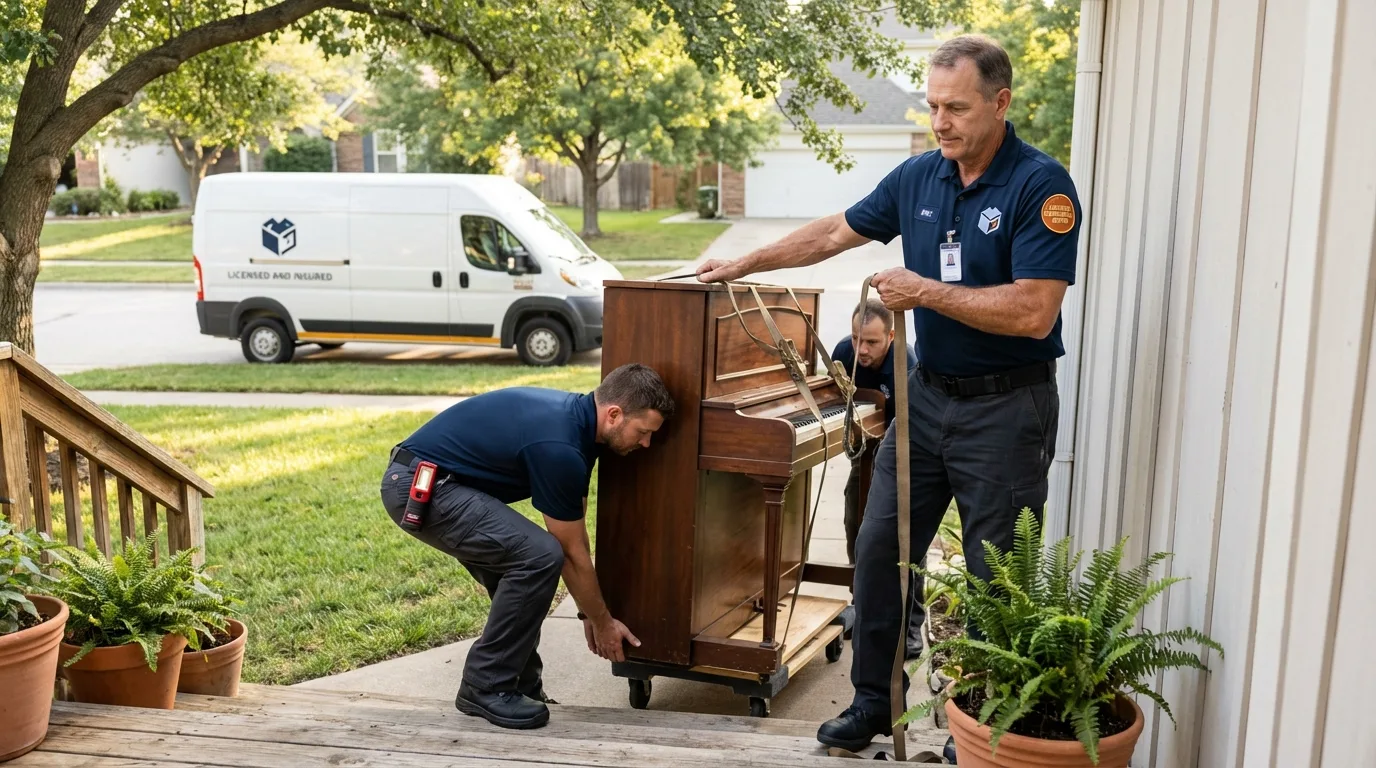 Licensed piano movers securing grand piano in Barberton, OH