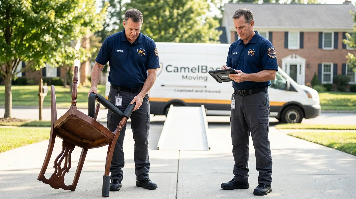Movers inspecting furniture for damage prevention before loading in Barberton, OH
