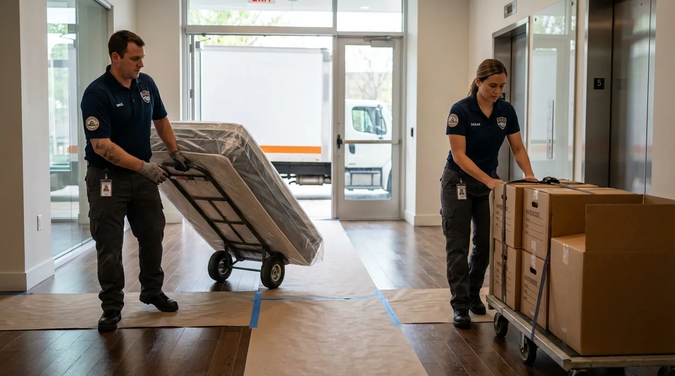 Professional apartment movers loading elevator in Barberton, OH