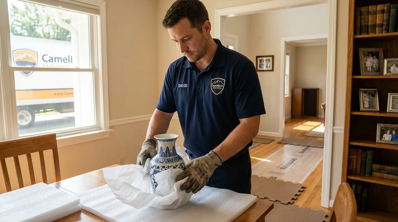 Professional crew carefully wrapping antique vase for senior downsizing move in Barberton, OH